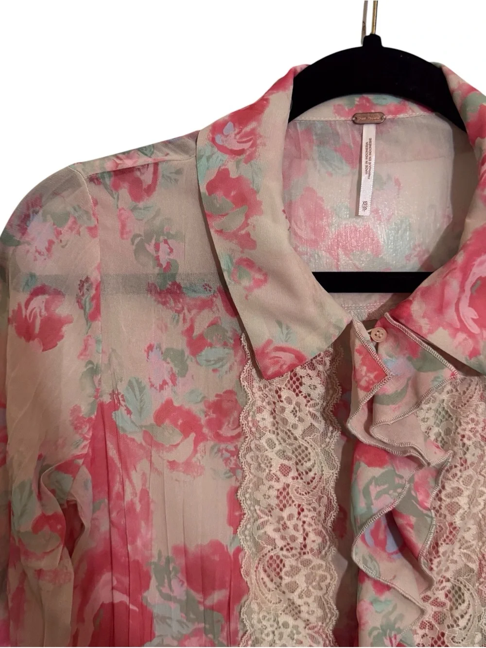 Free People X-Small Bad At Love Blouse Floral Top Sheer Ruffle Long Sleeve Boho